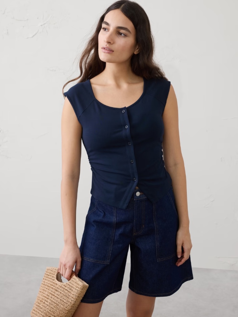 Banana Republic Soft Interlock Button Front Top, Navy - Size M